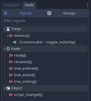 Godot Node tab view, signal connections