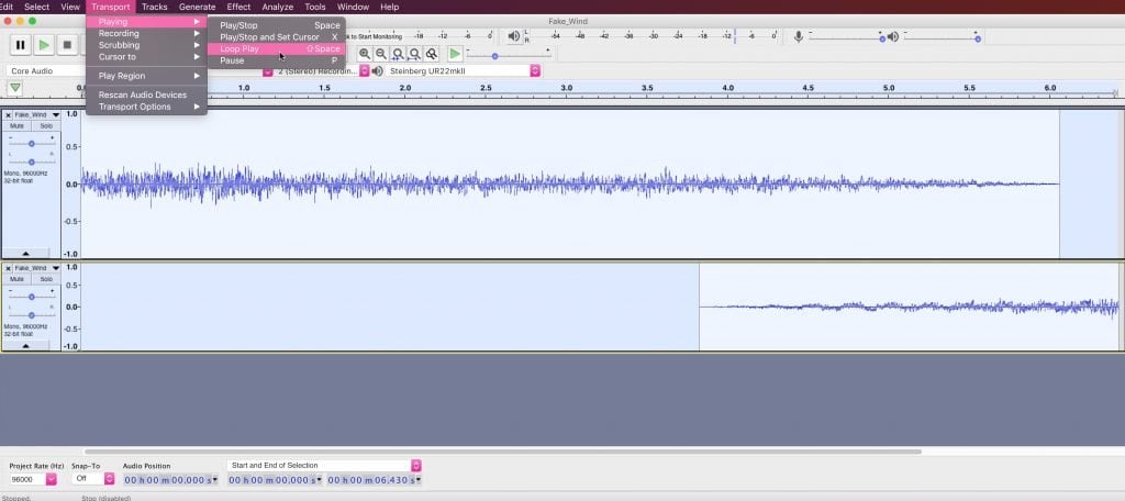 Play a loop section in Audacity