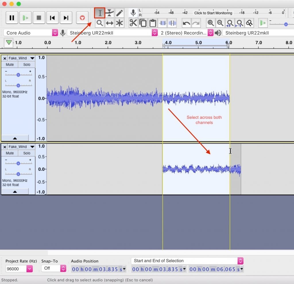 How to select a crossfade region in Audacity