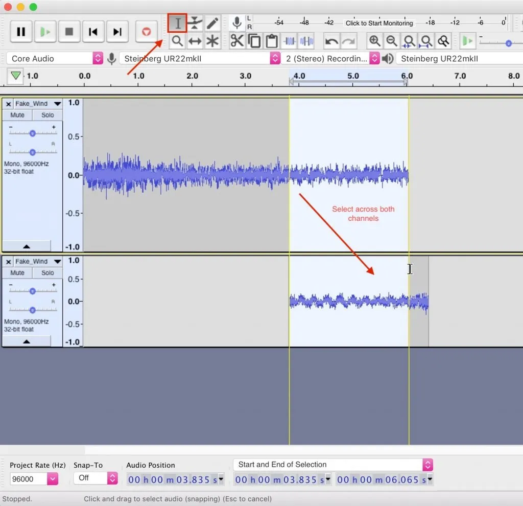 How to select a crossfade region in Audacity