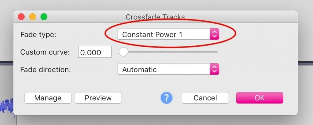 Choose Constant Power 1 for equal power crossfades in Audacity