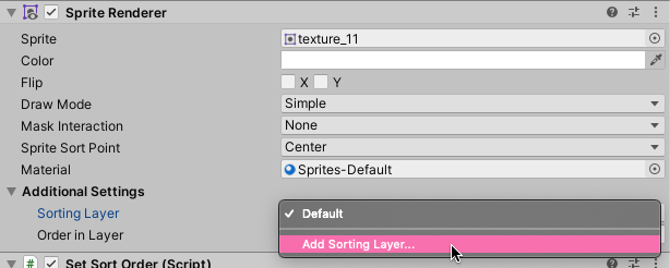 Screenshot showing the add Sorting Layer dropdown in Unity