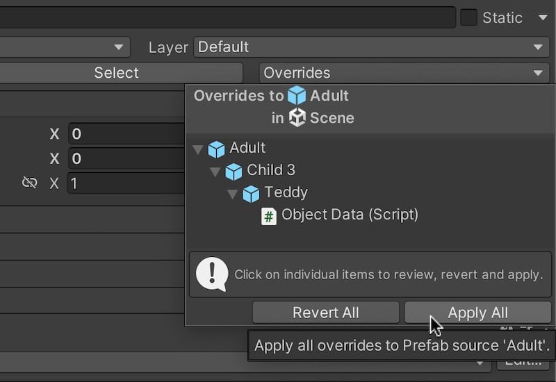 Prefab Instance Apply All button in Unity