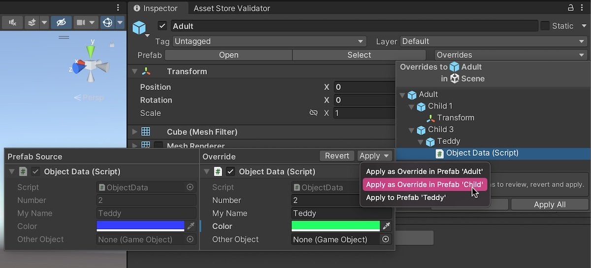 Applying overrides to different prefabs in Unity
