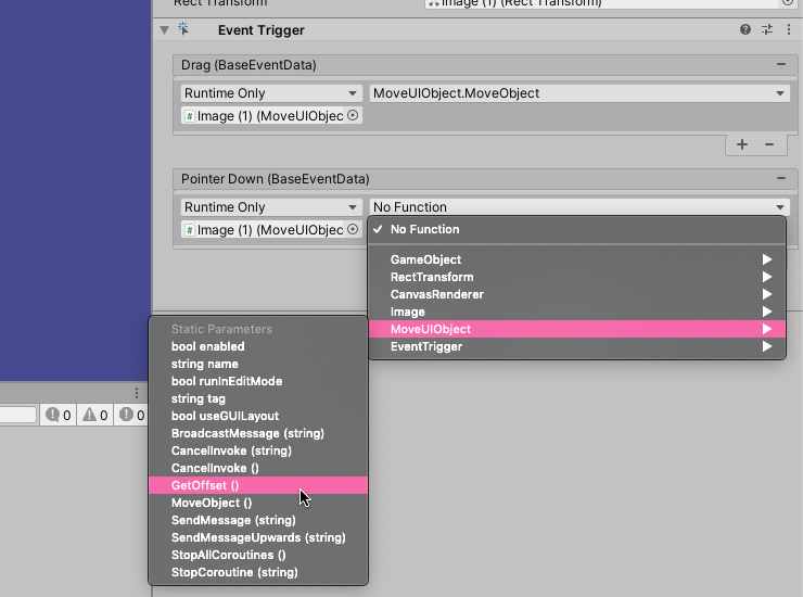 Screenshot of selecting an Event Trigger function in Unity