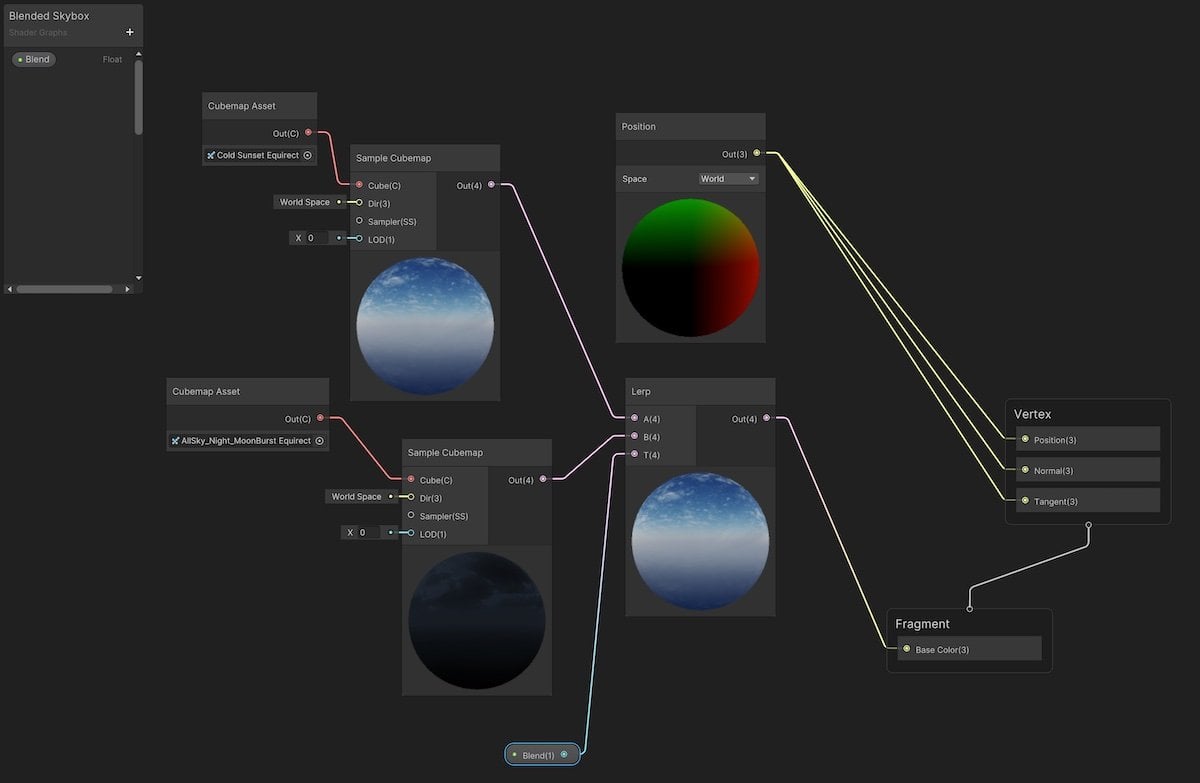 Example of blending two skyboxes together in Unity using Shader Graph