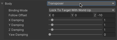 Screenshot: Cinemachine Body Profile - Set to the Transposer option
