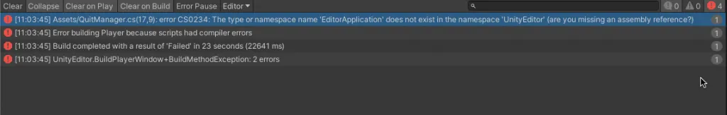 Screenshot of the EditorApplication namespace error