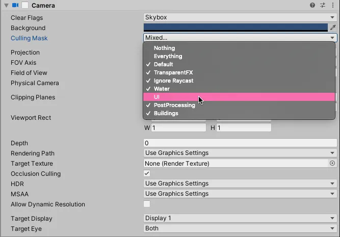 Camera Culling Mask. settings