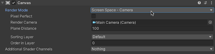 Screenshot of the Camera Screen Space render mode option