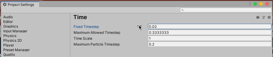 Screenshot of the physics timestep control in Unity