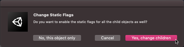 Change Children to static Unity dialogue box screenshot