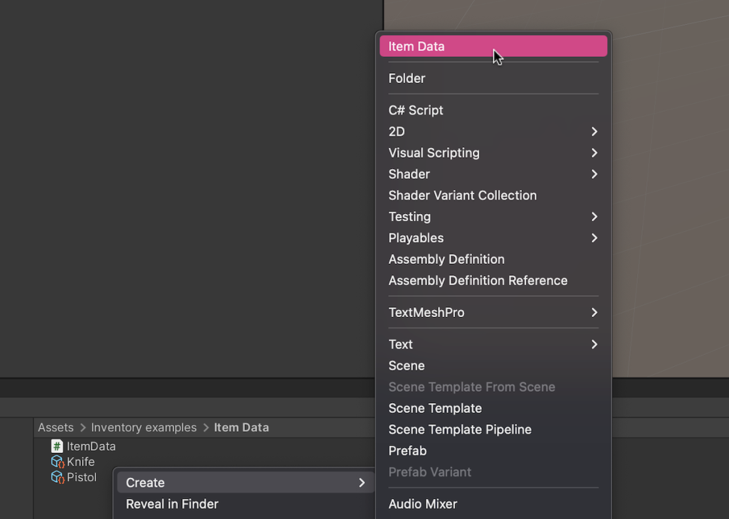 Create Asset Menu being used to create a scriptable object asset