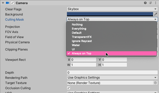 Culling mask settings in Unity