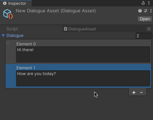 Editing a scriptable object dialogue asset in the inspector in Unity.