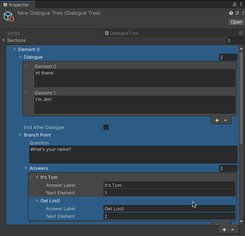 Screenshot of a dialogue tree asset in Unity.