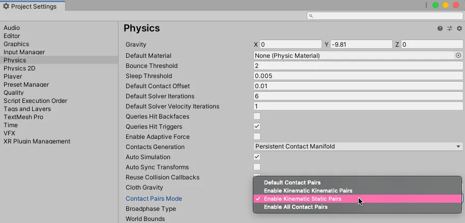 Screenshot of the Unity physics menu