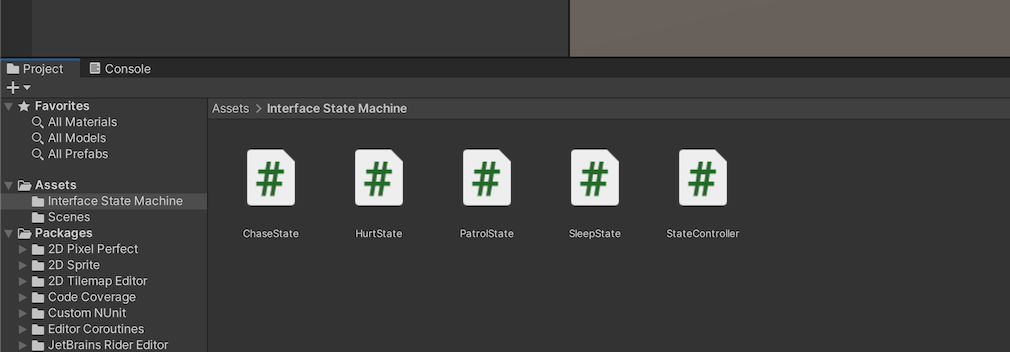 Four Interface based states in the Unity Project Window