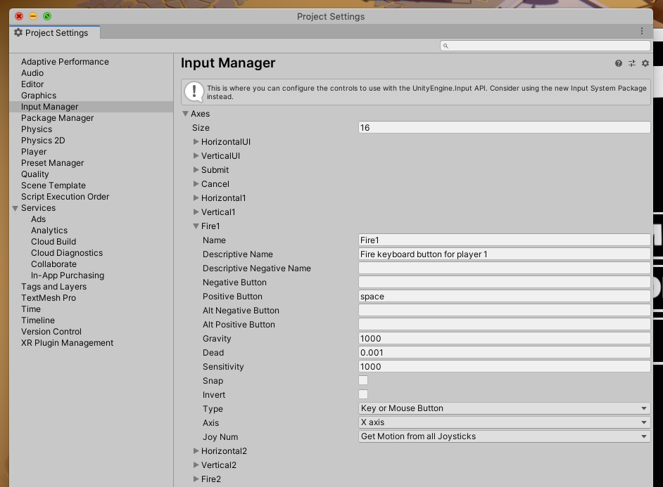 the Input manager window in Unity