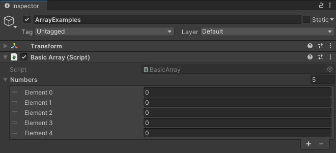 Screenshot of an integer array in the Unity Inspector showing 5 empty elements