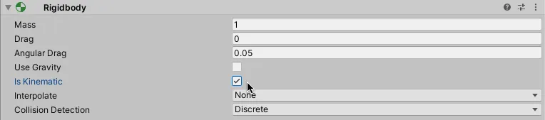 Screenshot of Setting a 3D Rigidbody to Kinematic in the Inspector in Unity