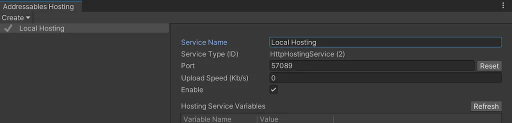 Screenshot of the local hosting window in the Unity Addressables system.
