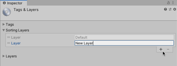 Screenshot of adding a new Sorting Layer in Unity