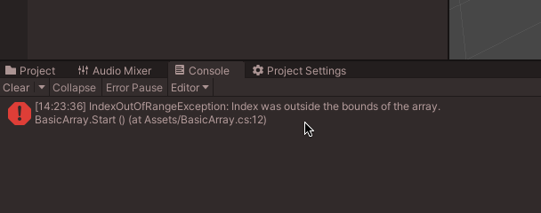 Screenshot of an out of range exception error log in Unity