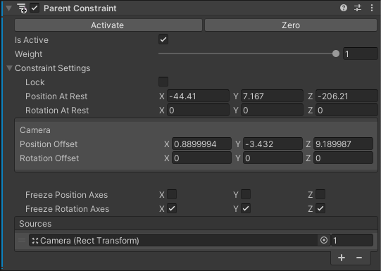 Parent Constraint component in Unity Inspector