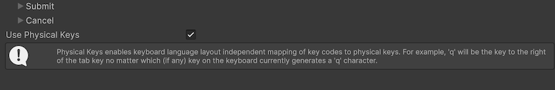 The Physical Keys setting in the Input Manager
