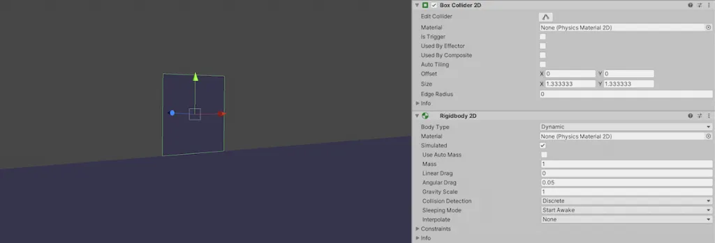 Rigidbody 2D component and Collider 2D component in Unity Inspector