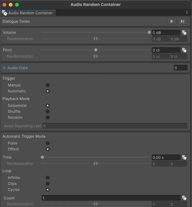 Audio Random Container Edit Window in Unity