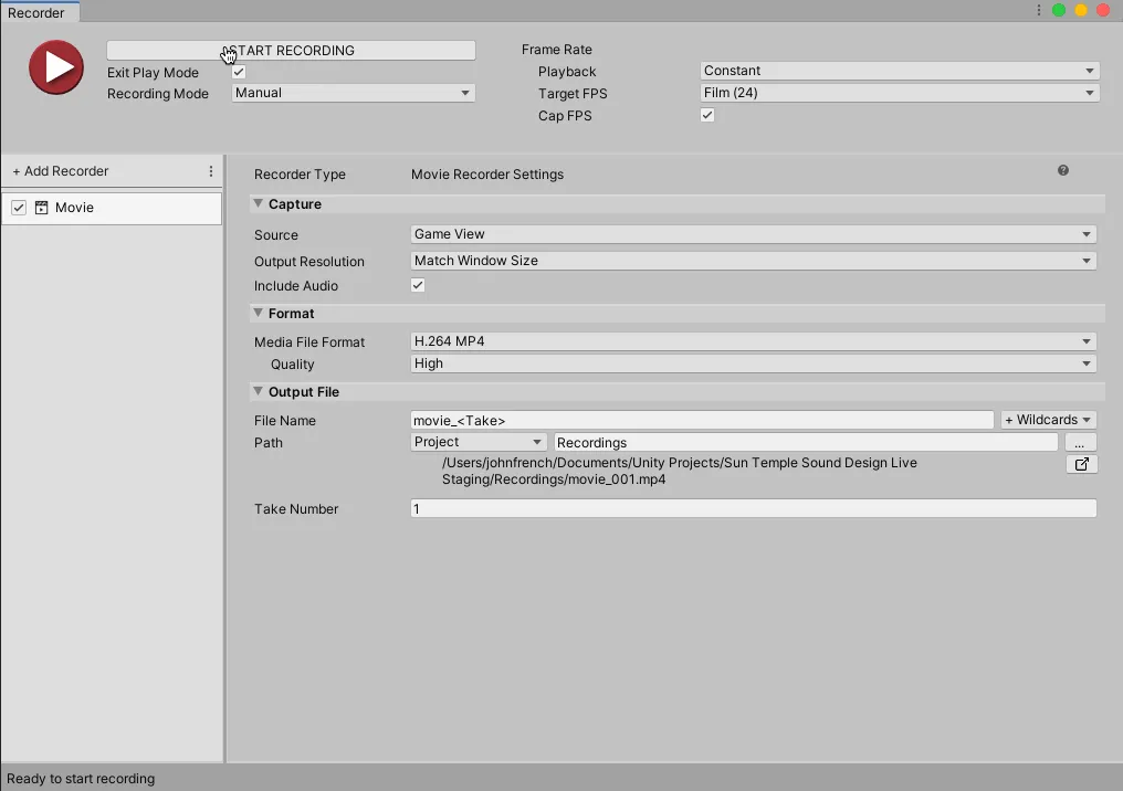 Unity Recorder Settings