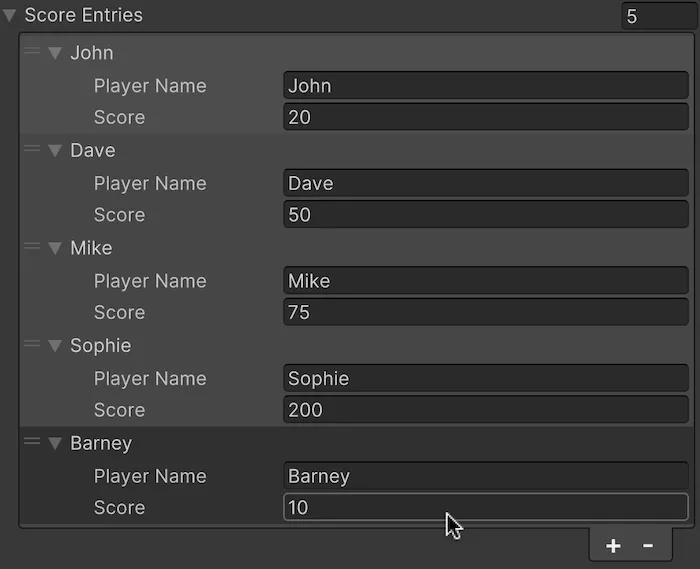 An example array of a basic struct data type in Unity.