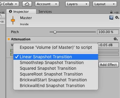 Unity Audio Mixer Transition Curves Dropdown