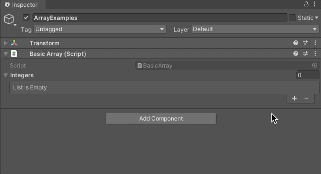 GIF showing how to change the length of an array in the Unity Inspector.