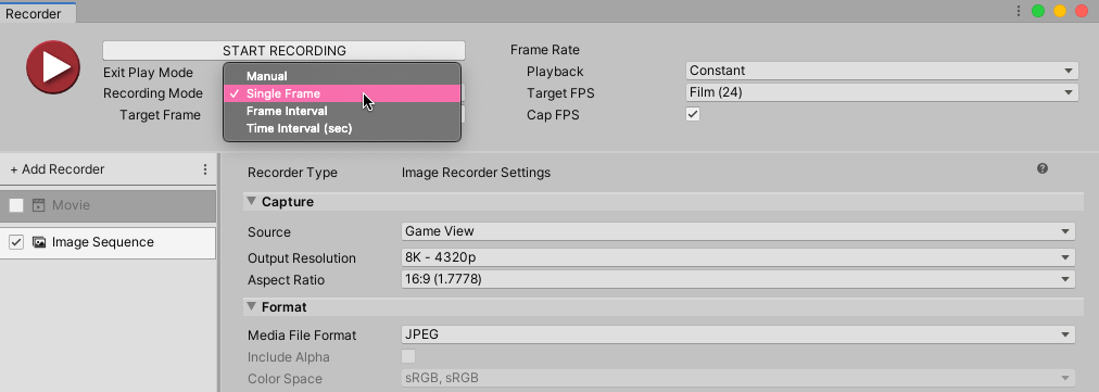 Single Frame option in Unity Recorder