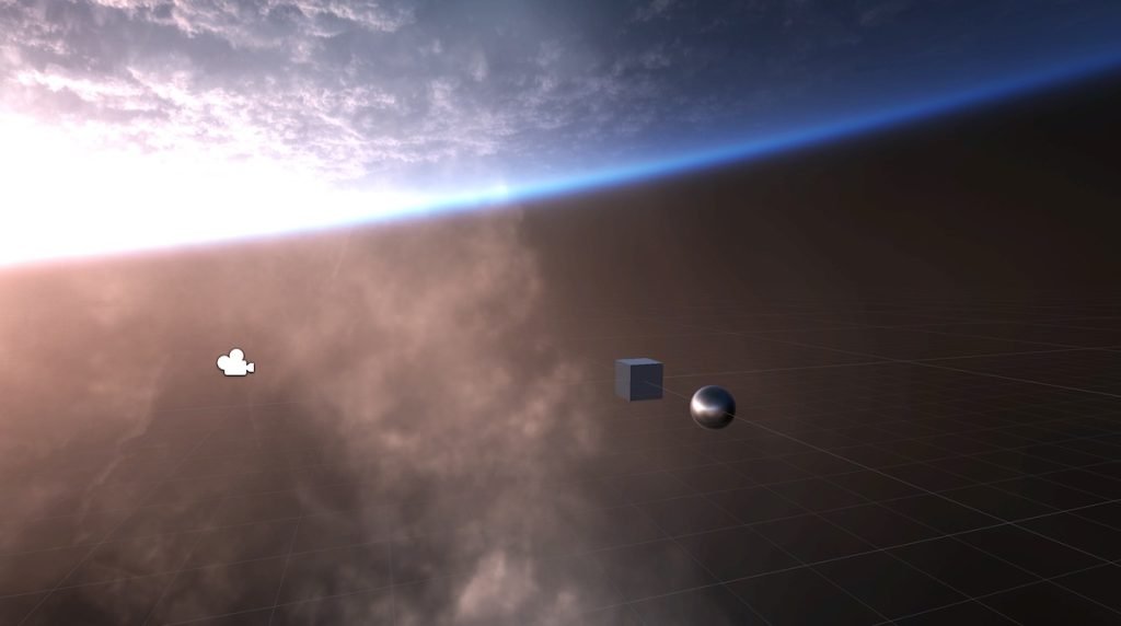 An example of skybox reflections in a Unity scene.