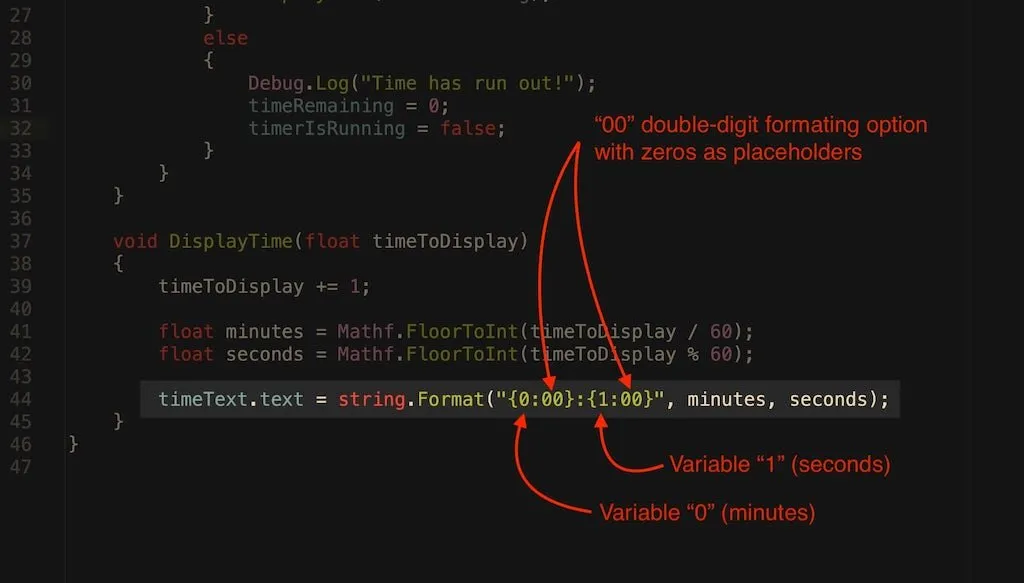 Image showing how to use string.Format in Unity to format a time display.