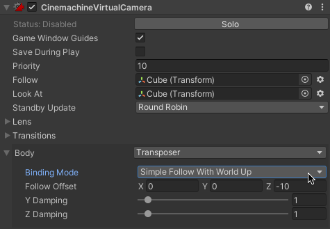 Cinemachine - Body settings for a simple follow camera
