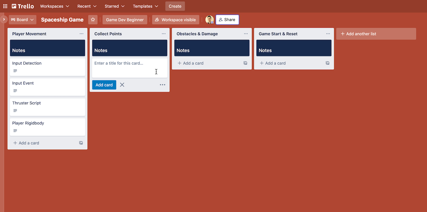 Screenshot - using trello to manage a game project