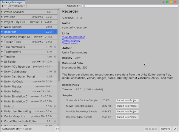 How to install the Unity Recorder using the package manager