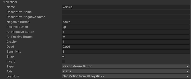 Screenshot of a vertical axis in the input manager