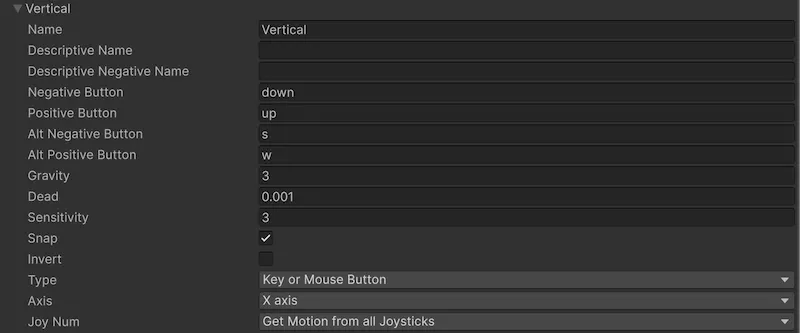 Screenshot of a vertical axis in the input manager