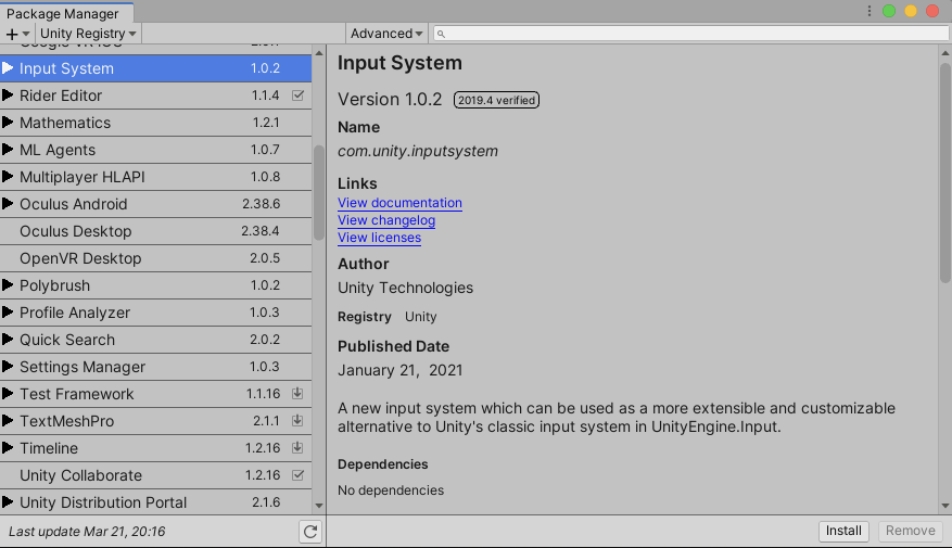 The new Unity Input System in the Package Manager