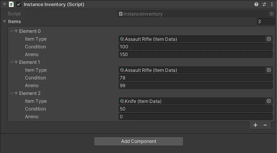 An instance of an item in an inventory in Unity.